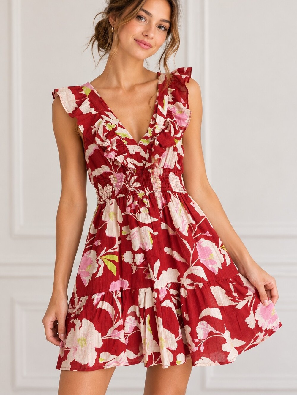 NWT Calypso St. Barth Red Floral Smocked Mini Dress Size XS